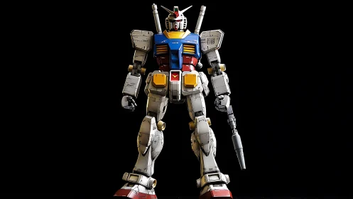 Colorful heroic mecha standing proud against deep black.