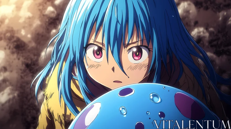 Determined anime hero protects a glowing blue slime companion