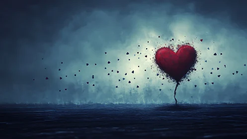 Red Heart-Shaped Tree Disintegrating in Moody Architectural Landscape