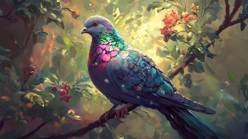 Vibrant pigeon on a branch in digital painting with glowing light.