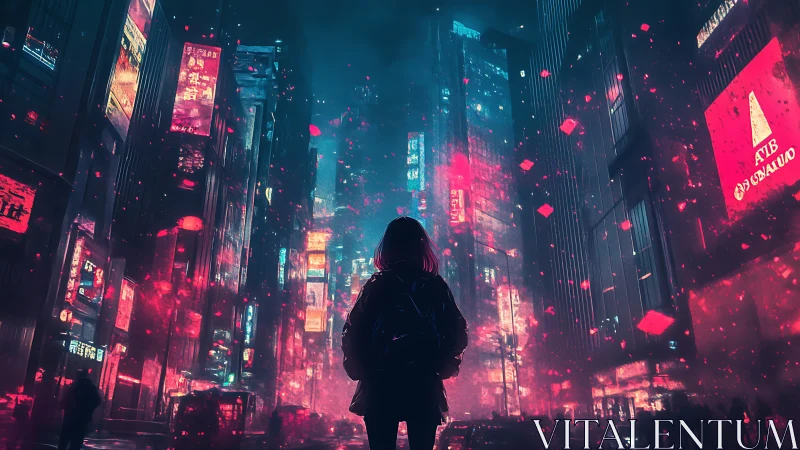 Solitary silhouette in neon-saturated cybernetic canyon cityscape.