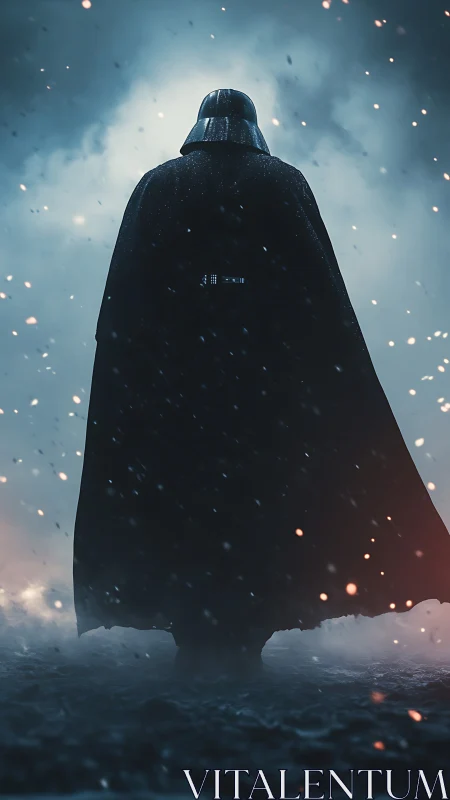 Figure in armored helmet stands in back view amid particles