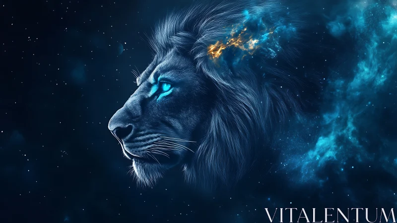Celestial lion profile rendered in luminous cosmic nebula.