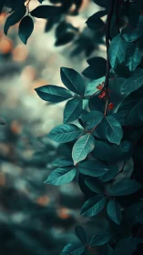 Deep green leaves on branch with soft blurred bokeh background.