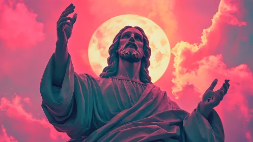 Statue of robed figure before full moon in pink sky.