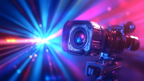 Professional video camera with colorful neon lights in studio.