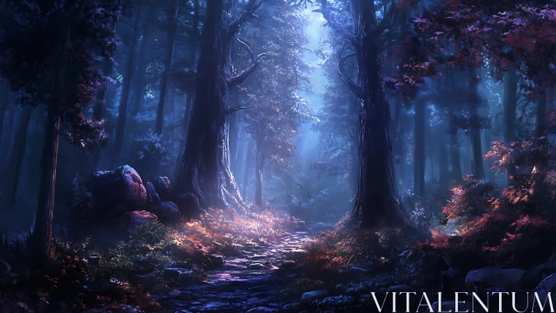 Misty Forest Corridor with Bioluminescent Vegetation.