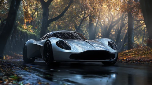 Silver sports car on wet forest road under filtered light.