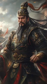 Regal ancient general gazes ahead in richly carved armor