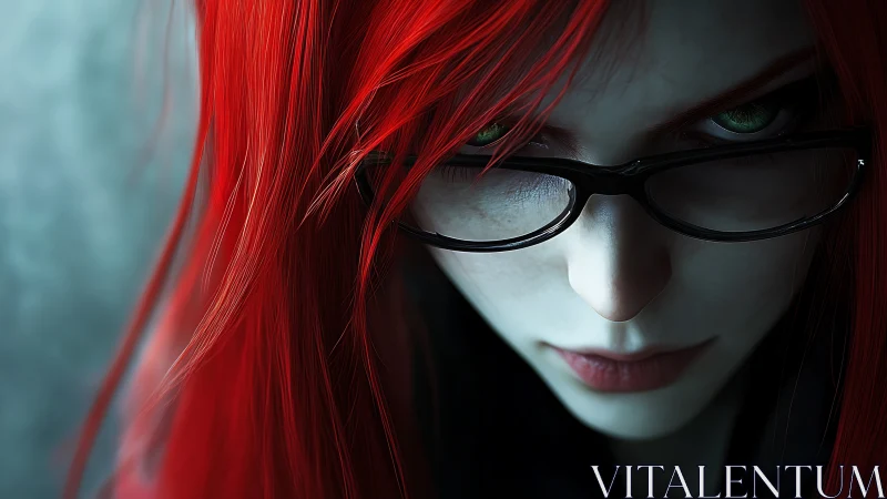 Striking red haired character gazes forward with bright intent