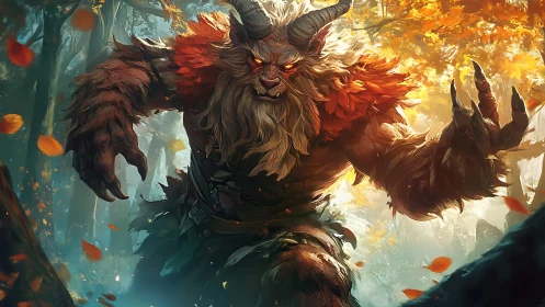 Autumn forest beast charging under cinematic rim light.