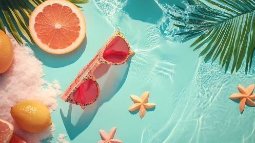 Tropical pool flatlay with grapefruit, lemons, and sunglasses.