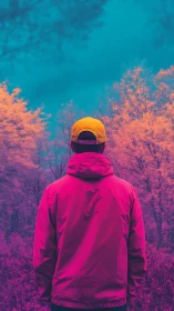 Person in magenta jacket facing surreal neon forest.