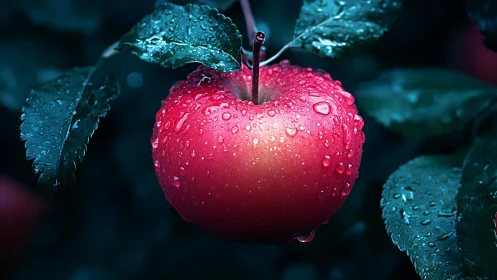 Ruby red apple glistens with dewy raindrops at night.