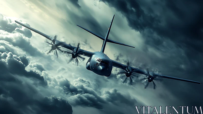 Military transport aircraft flies low through dense storm clouds