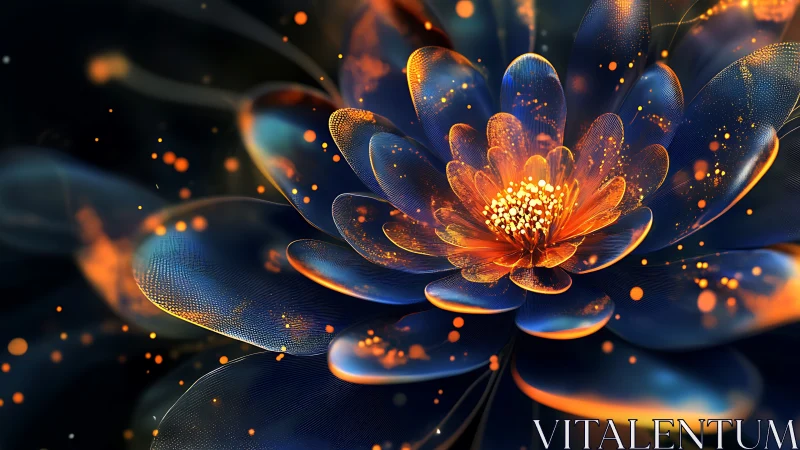 Luminous cyber-lotus blooms in ember-speckled midnight space