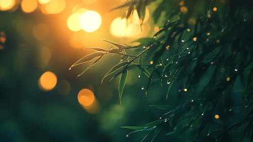 Bamboo leaves catch sunrise bokeh in dewy golden glow.