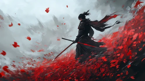 Lone armored swordsman stands in crimson storm of petals