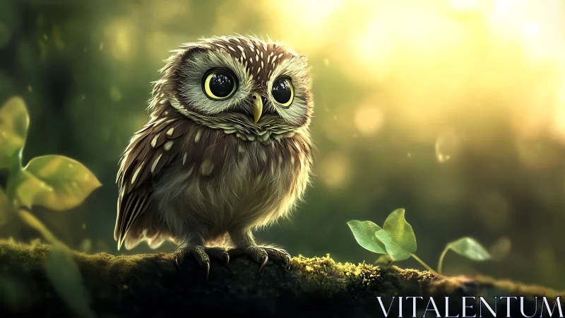 Adorable baby owl on a mossy branch in dreamy sunlight, digital art.