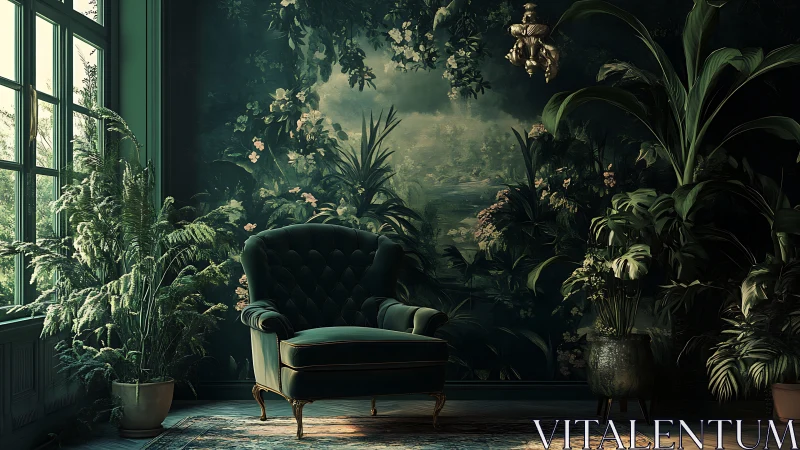 Velvet armchair in moody botanical interior with directional window light