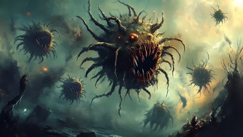 Storm of cosmic sea monsters drifting through twilight skies.