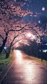Cherry blossom trees line a wet night path under lamplight