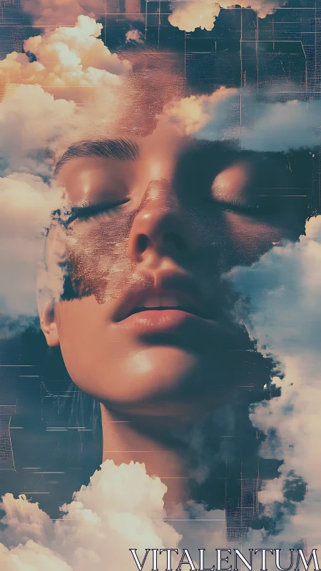 Surreal digital portrait merges serene female face with clouds.
