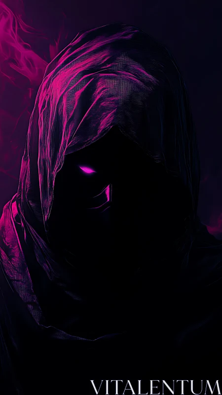 Hooded void figure with neon magenta rim lighting portrait.