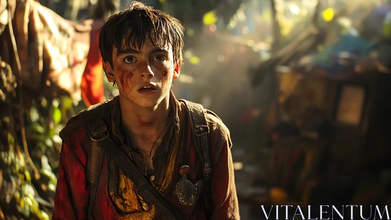 Young boy stands in sunlit, cluttered outdoor environment