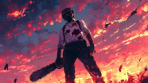 Bloodstained gas‑masked figure dominates apocalyptic sunset sky