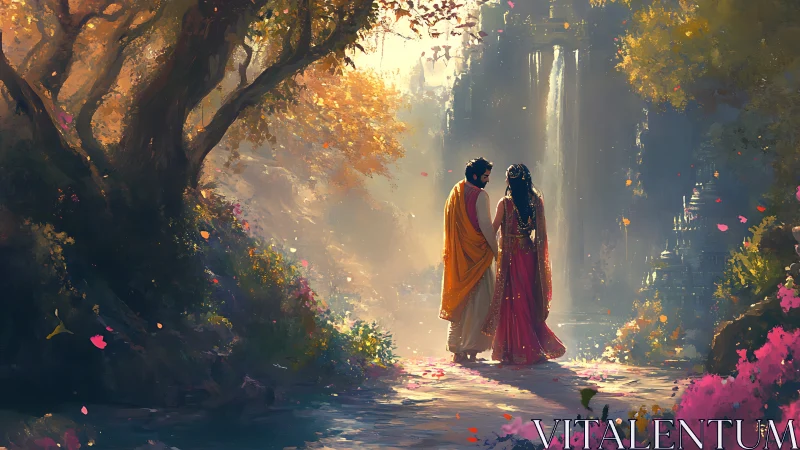 Lovers stand beneath golden forest canopy by waterfall.