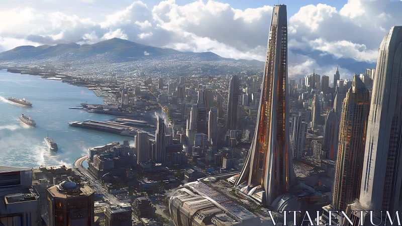 Skypiercing bay megacity wrapped in glass and sunlit steel.