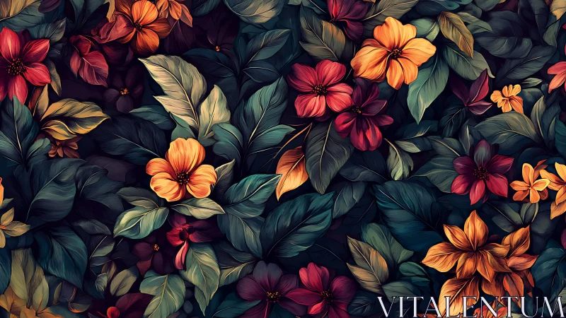 Lush tropical florals in saturated teal and amber palette.