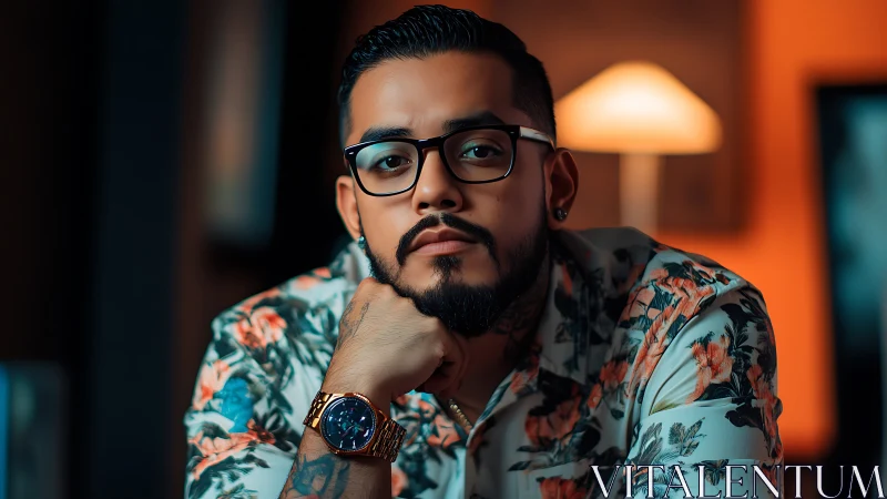 Man in floral shirt posed in warm moody interior light