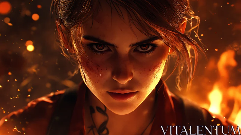 Fierce warrior stares through flames with burning resolve.