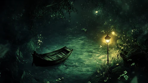 Rowboat on dim forest river under single lamppost glow.