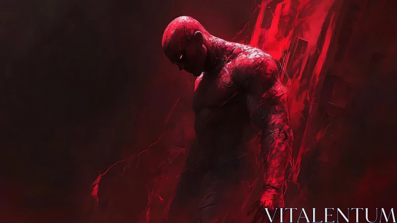Concept art silhouette of red fractured humanoid figure.