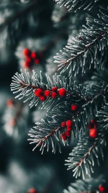 Frosted evergreen branches with clustered red berries.