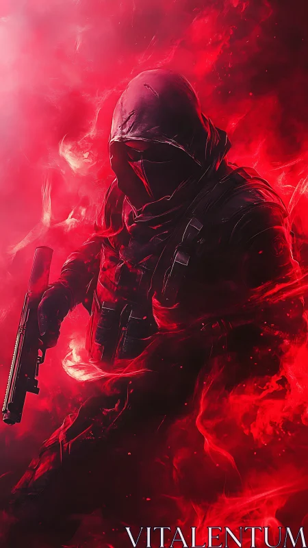 Hooded tactical operator in red volumetric nebula haze