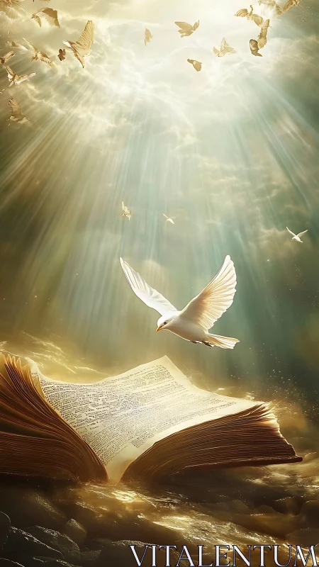 Luminous white dove soaring above radiant open scripture.