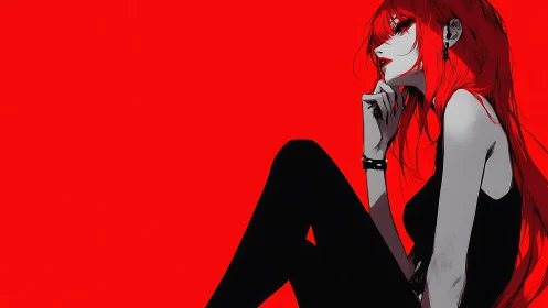 Red haired anime woman in profile against bold red field.