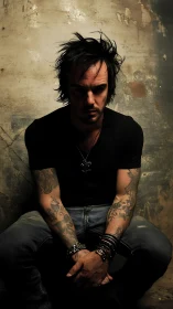 Moody tattooed man in shadowed industrial portrait study.