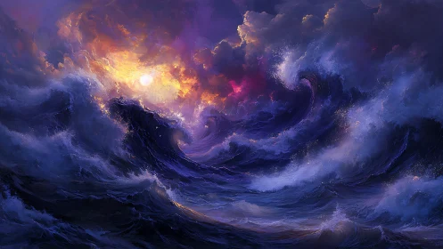Vast storm sea with swirling waves under luminous sky.