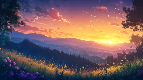 Layered valley landscape under low sun with wildflowers.