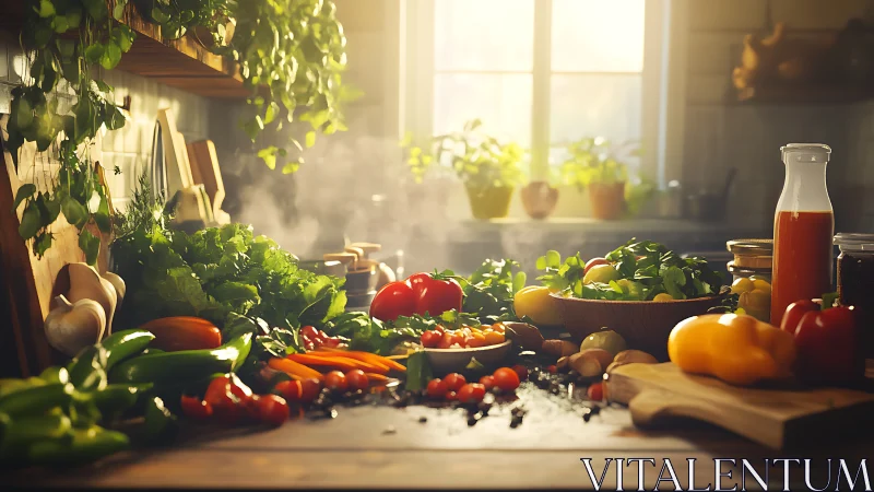Sunlit rustic kitchen celebrates fresh colorful vegetables