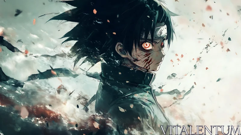 Anime warrior with glowing eyes amid abstract particle field.