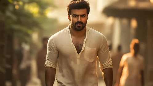 Sunlit street hero strides through warm golden haze with poise.