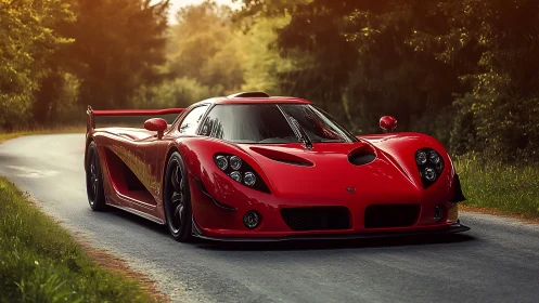 Crimson hypercar slicing through sunlit forest roadscape.