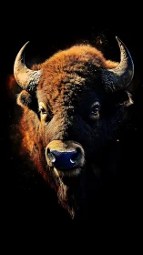 Fiery lit bison head rendered against deep black background