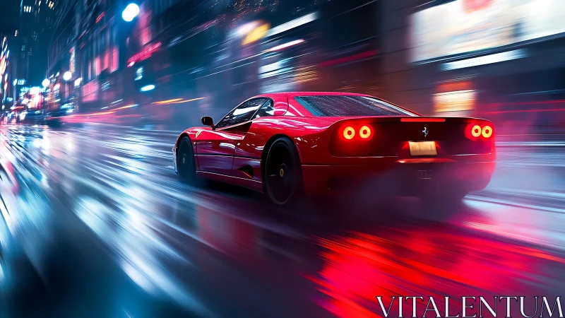 Red sports car on wet neon city street at night scene.